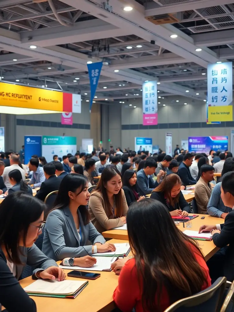 A professional photo of a recruitment event in Hong Kong, showcasing diverse candidates and recruiters actively engaging in interviews and discussions, emphasizing the company's active role in job matching.