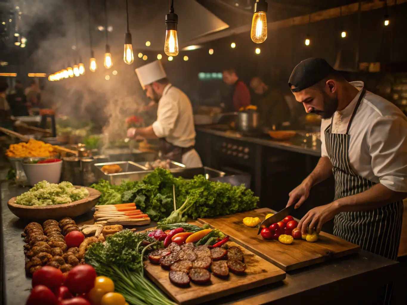 A lively image of a busy restaurant kitchen in Hong Kong, featuring chefs preparing dishes and servers attending to customers. The image should capture the energy and dynamism of the restaurant industry.