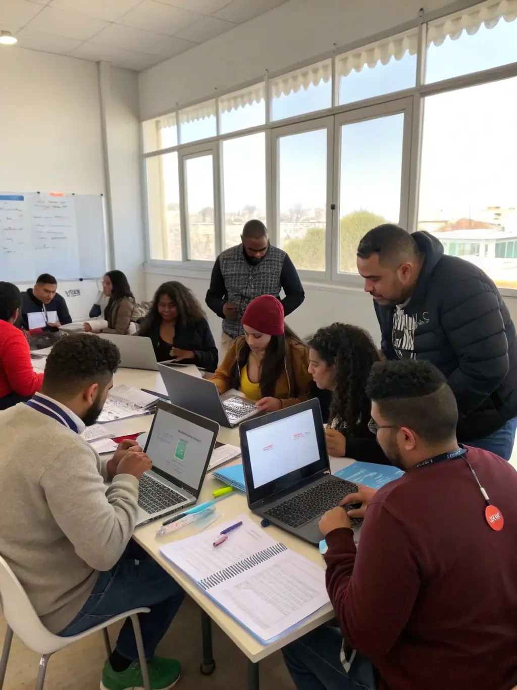 A picture of foreign workers participating in a training session, learning new skills relevant to the food processing industry in Hong Kong. The setting is a modern training facility.