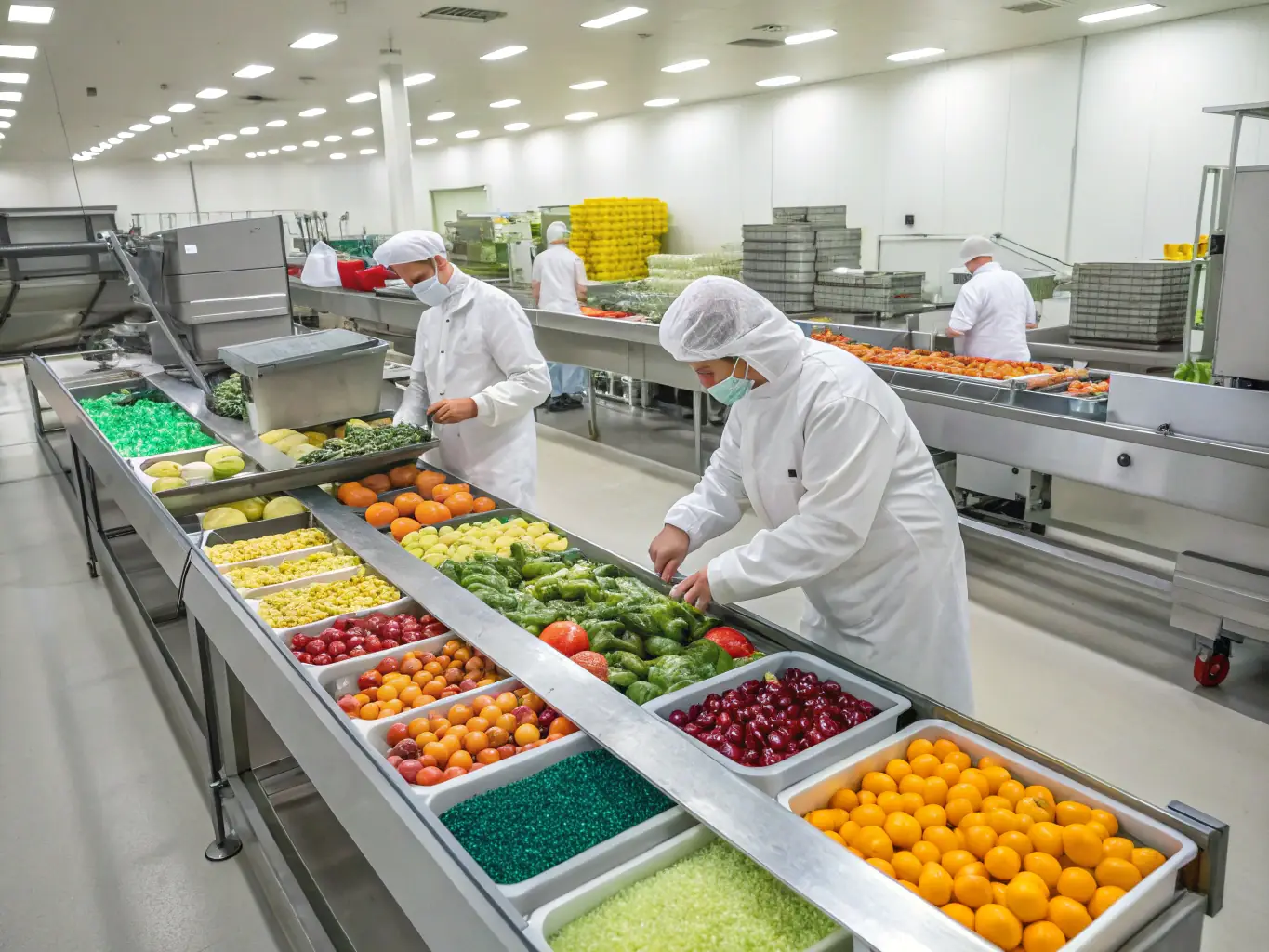 A clean and modern image of a food processing plant in Hong Kong, showing workers carefully packaging and inspecting food products. The image should emphasize hygiene and efficiency.