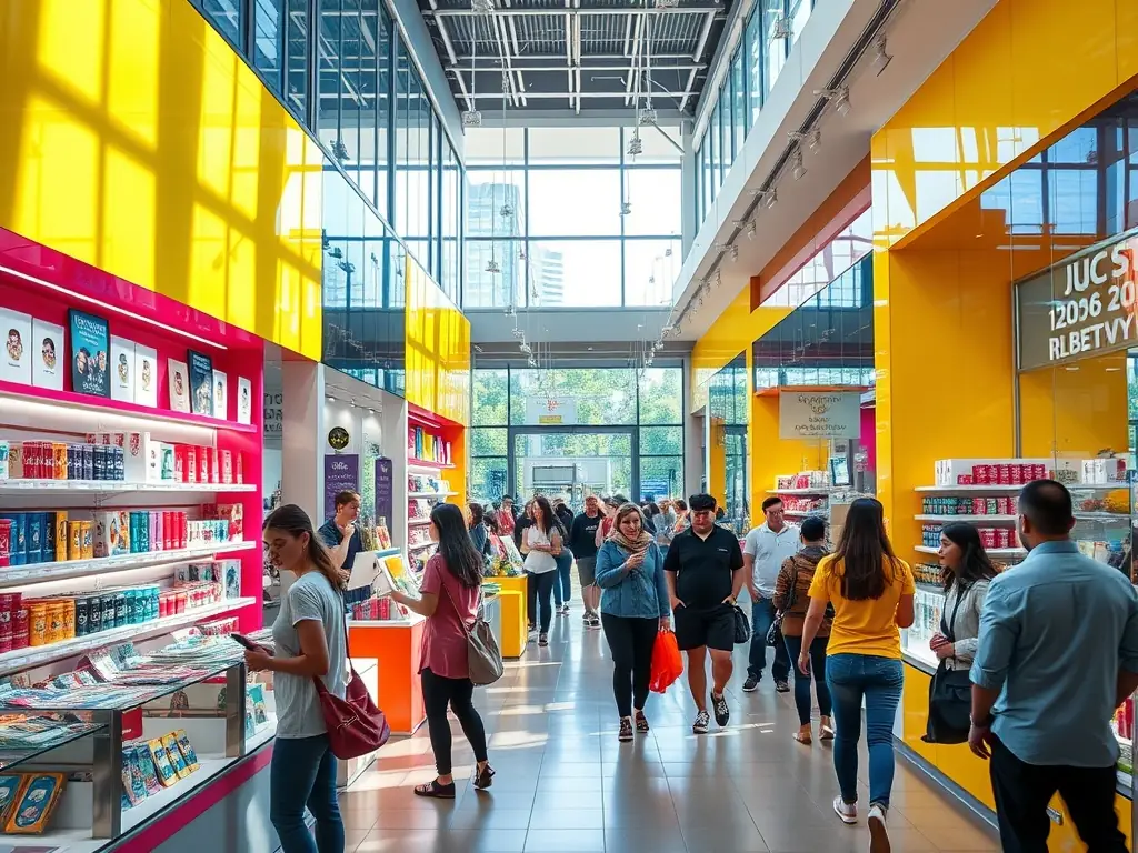 A vibrant image depicting a bustling retail environment in Hong Kong, showcasing employees assisting customers and managing inventory. The image should convey a sense of activity and customer service.