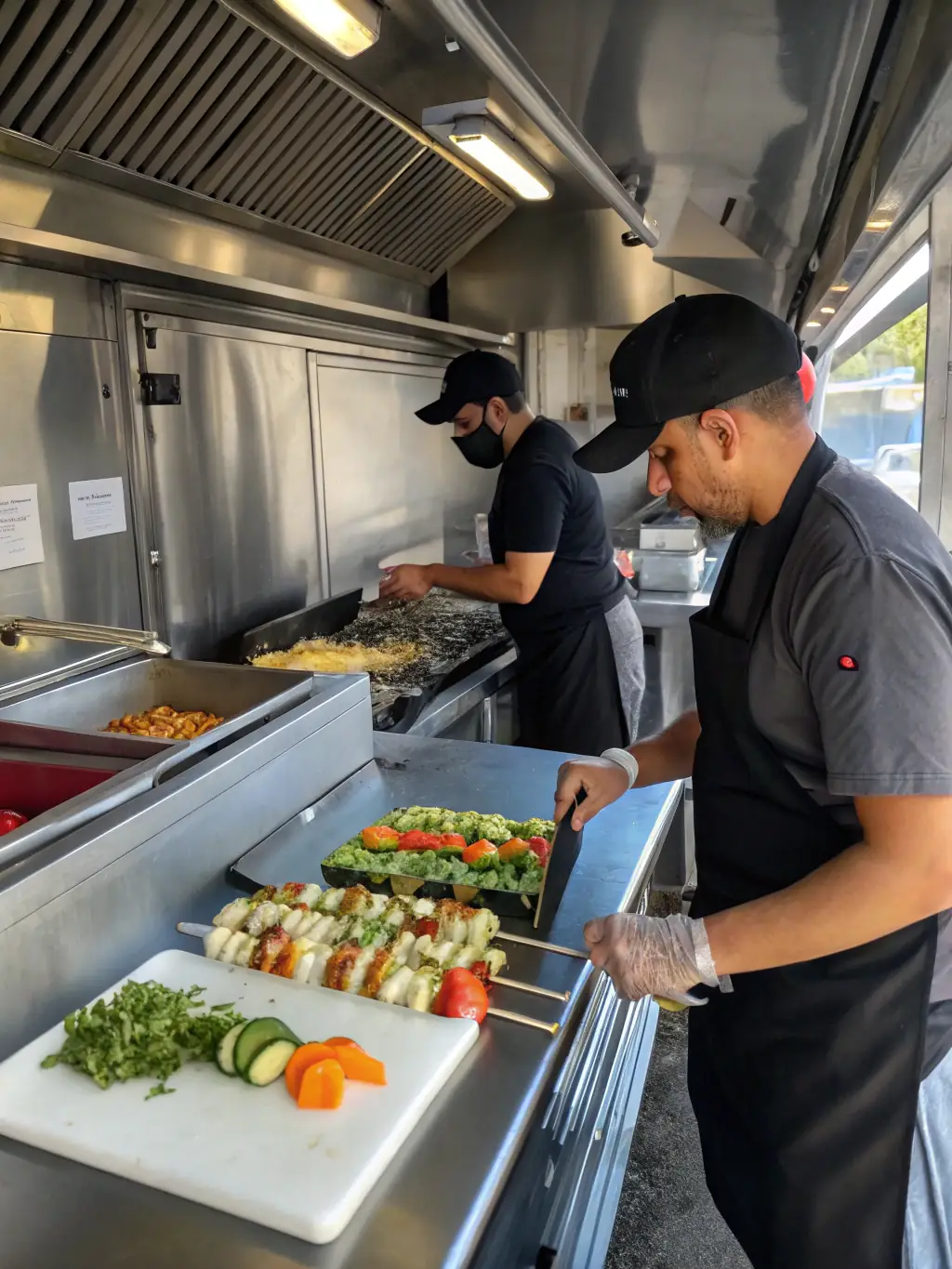 A bustling restaurant kitchen with chefs preparing meals, highlighting teamwork and culinary skills.