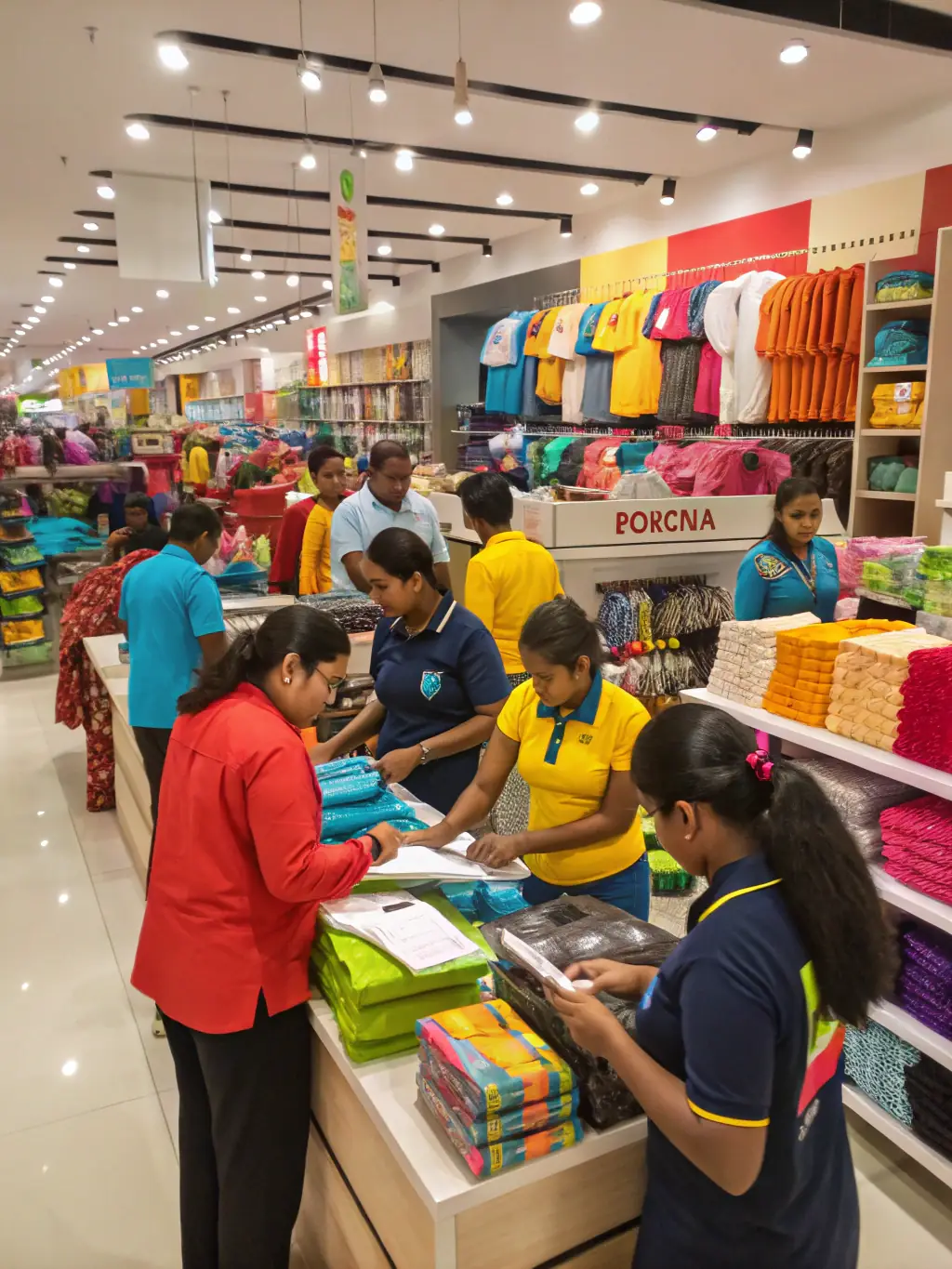 A photo of a diverse group of retail employees in Hong Kong, showcasing a friendly and efficient team environment. The image should convey professionalism and customer service.